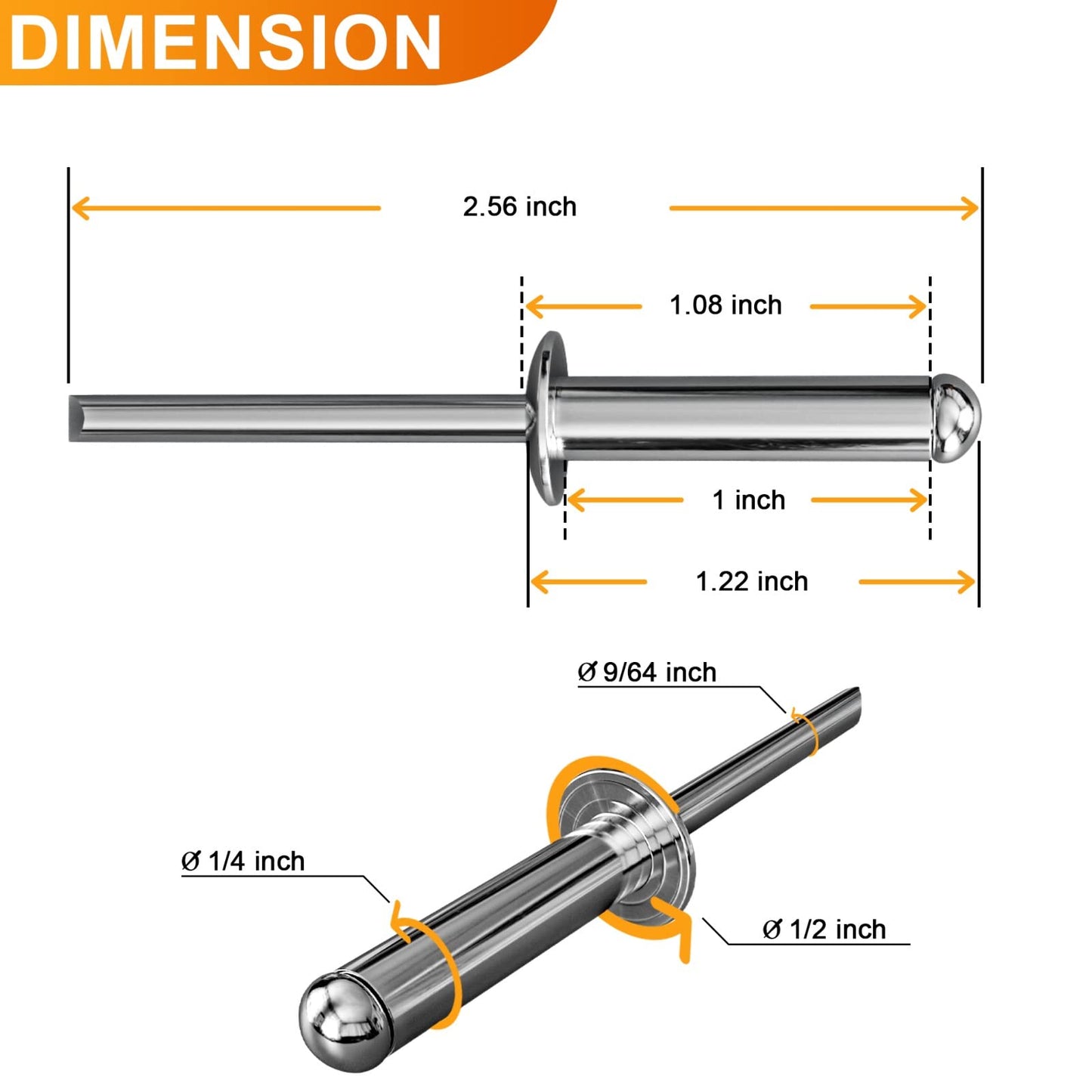 Pop Rivets Aluminum Body Steel Size 1/4 x 1" Mandrel Dome Head Blind, Set of 25