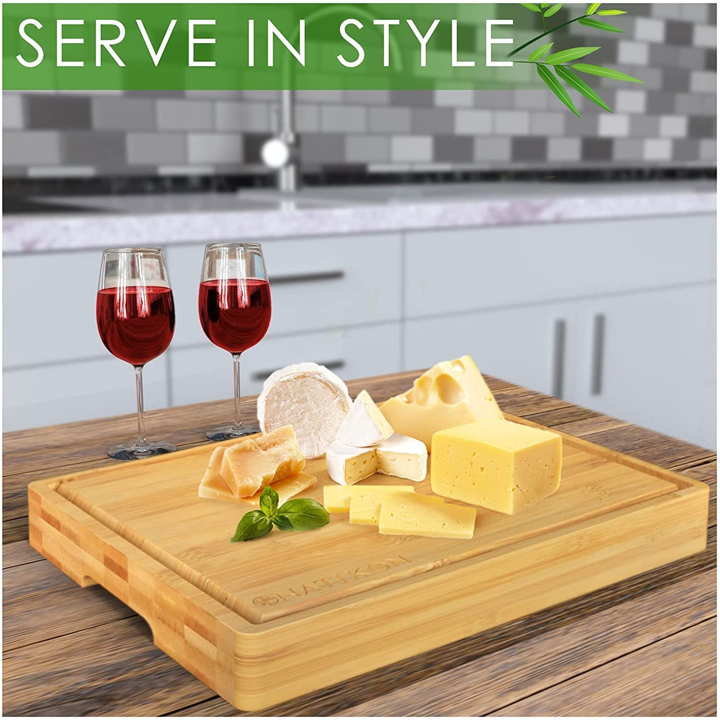 Wood Cutting Board- Bamboo Butcher Chopping Board with Juice Grooves and Handle Hole for Meat, Vegetables and Cheese, Extra Thick and Heavy Duty