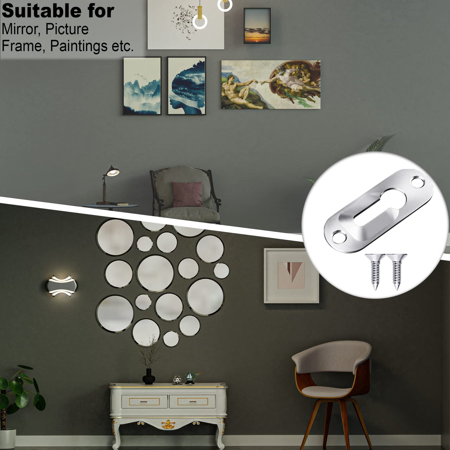 30 Pieces Single Keyhole Hangers Metal Hanging Brackets for Mirror Picture Frames with 60 Pieces Metal Screws (Silver, 43 x 16 mm)