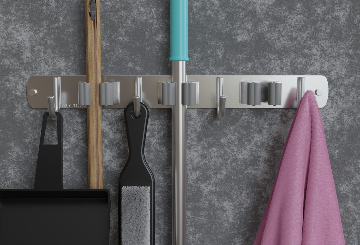 Mop and Broom Holder Wall Mount with 3 Racks and 4 Hooks Stainless Steel Tool Organizer Storage Wall Mounted, 2 Pack