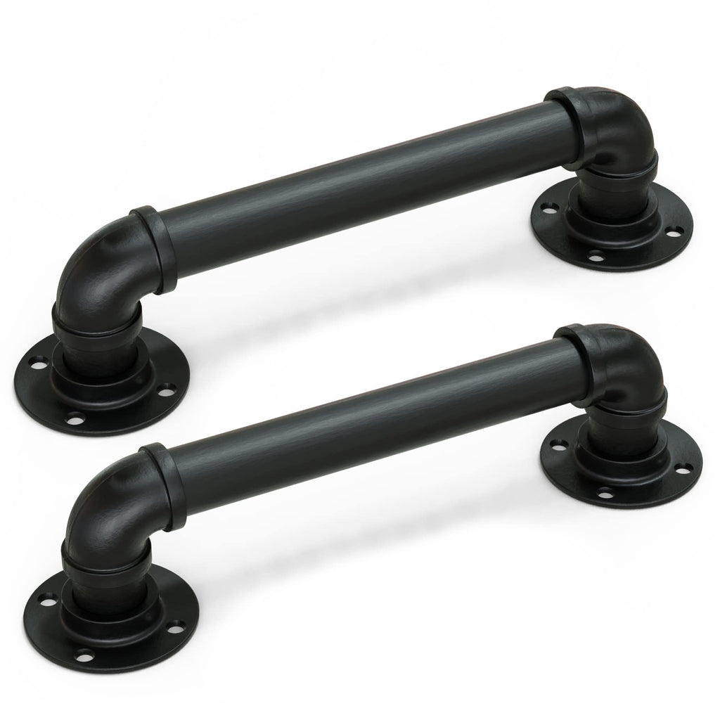12" Matte Black Pipe Door Pull Handle, Industrial Grab and Towel Bar, Set of 2