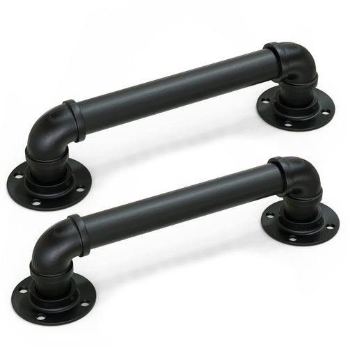 12" Matte Black Pipe Door Pull Handle, Industrial Grab and Towel Bar, Set of 2