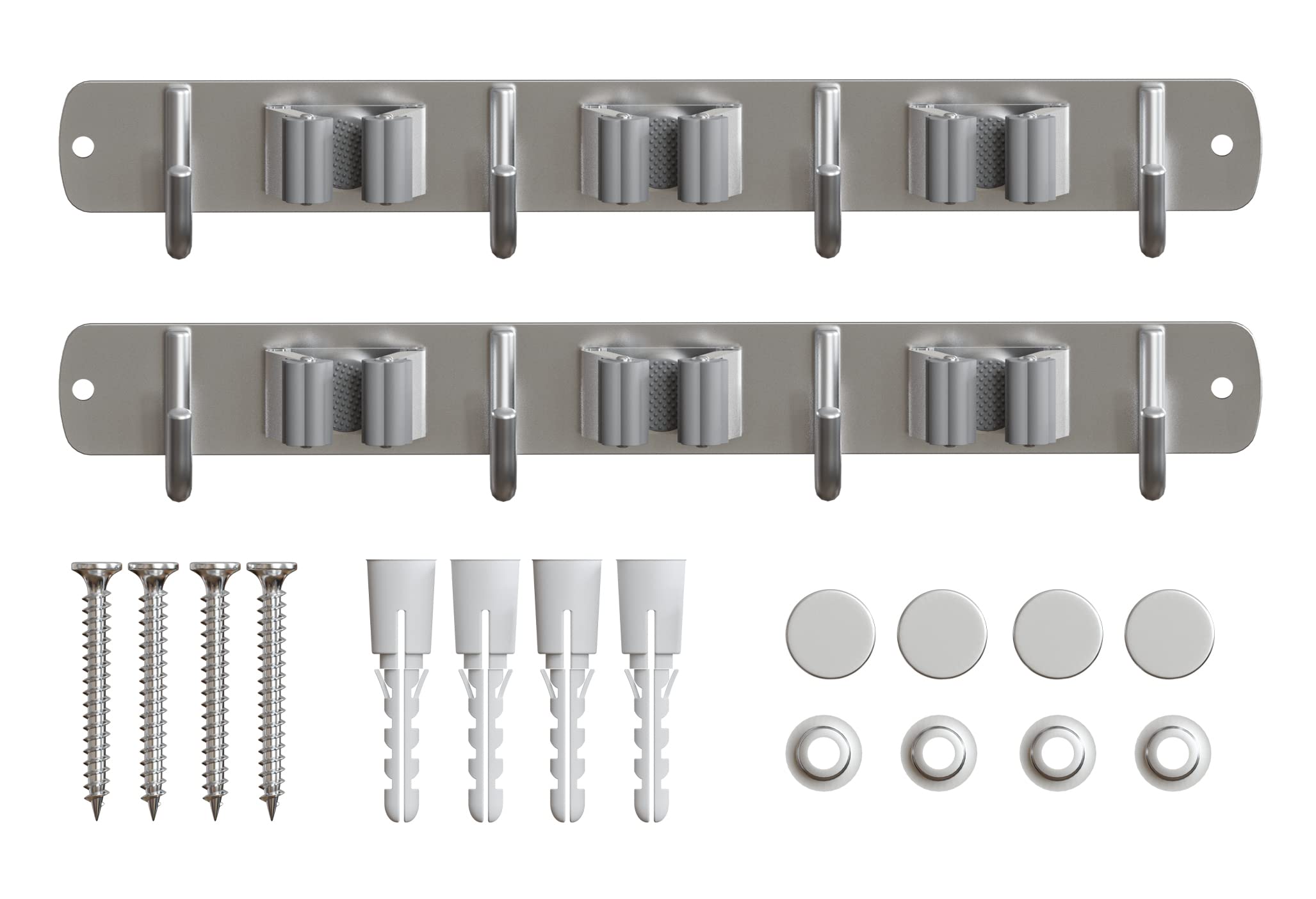 Mop and Broom Holder Wall Mount with 3 Racks and 4 Hooks Stainless Steel Tool Organizer Storage Wall Mounted, 2 Pack