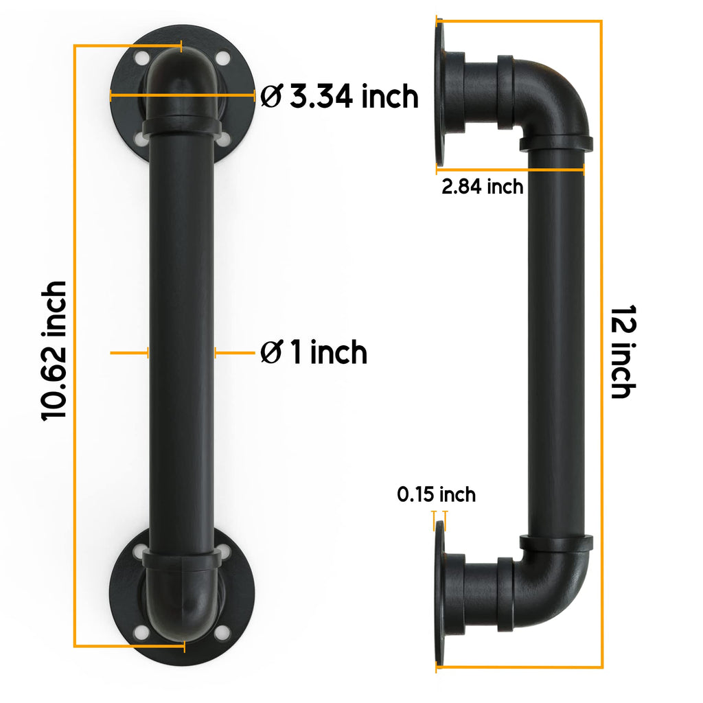 12" Matte Black Pipe Door Pull Handle, Industrial Grab and Towel Bar, Set of 2