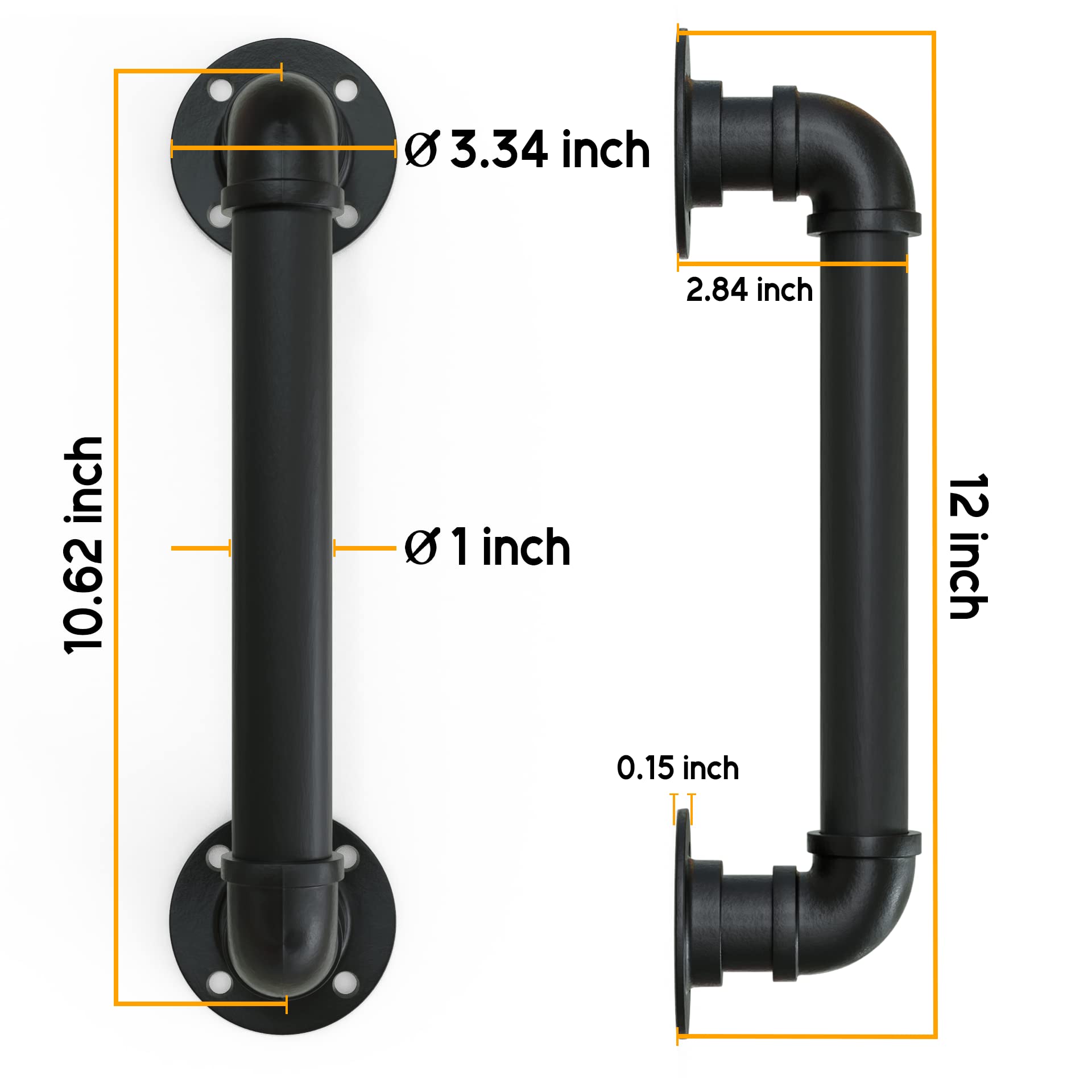 12" Matte Black Pipe Door Pull Handle, Industrial Grab and Towel Bar, Set of 2