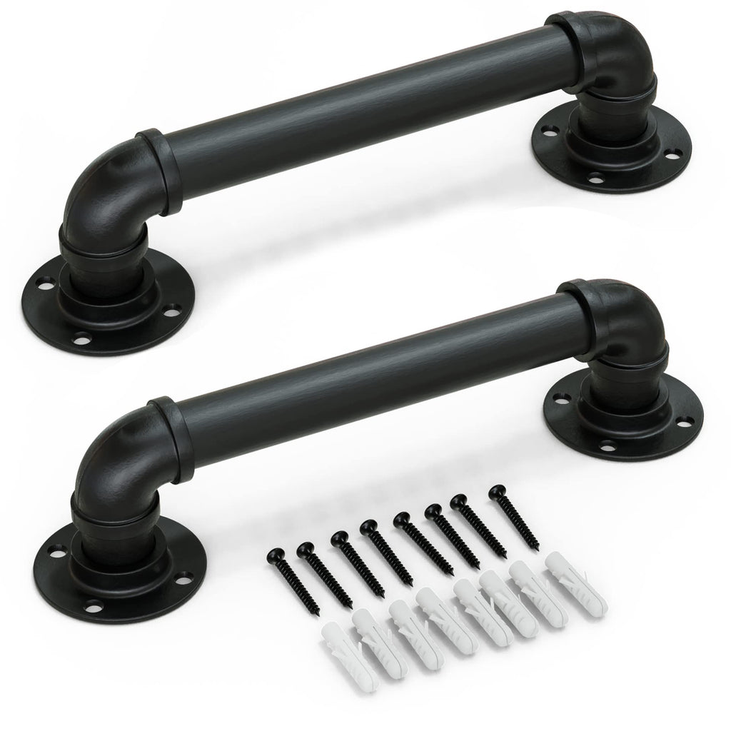 12" Matte Black Pipe Door Pull Handle, Industrial Grab and Towel Bar, Set of 2