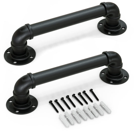 12" Matte Black Pipe Door Pull Handle, Industrial Grab and Towel Bar, Set of 2