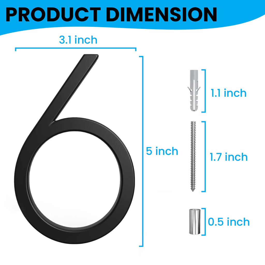 5 Inch Zinc Alloy Floating House Number, Modern House Numbers, Garden Door Mailbox Address Numbers with Nail Kit (Number 6)