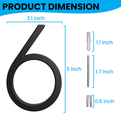 5 Inch Zinc Alloy Floating House Number, Modern House Numbers, Garden Door Mailbox Address Numbers with Nail Kit (Number 6)