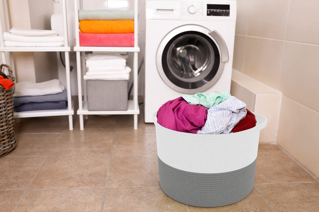 Round Cotton Laundry Rope Basket Natural Pure Woven Perfect for Blankets, Pil...