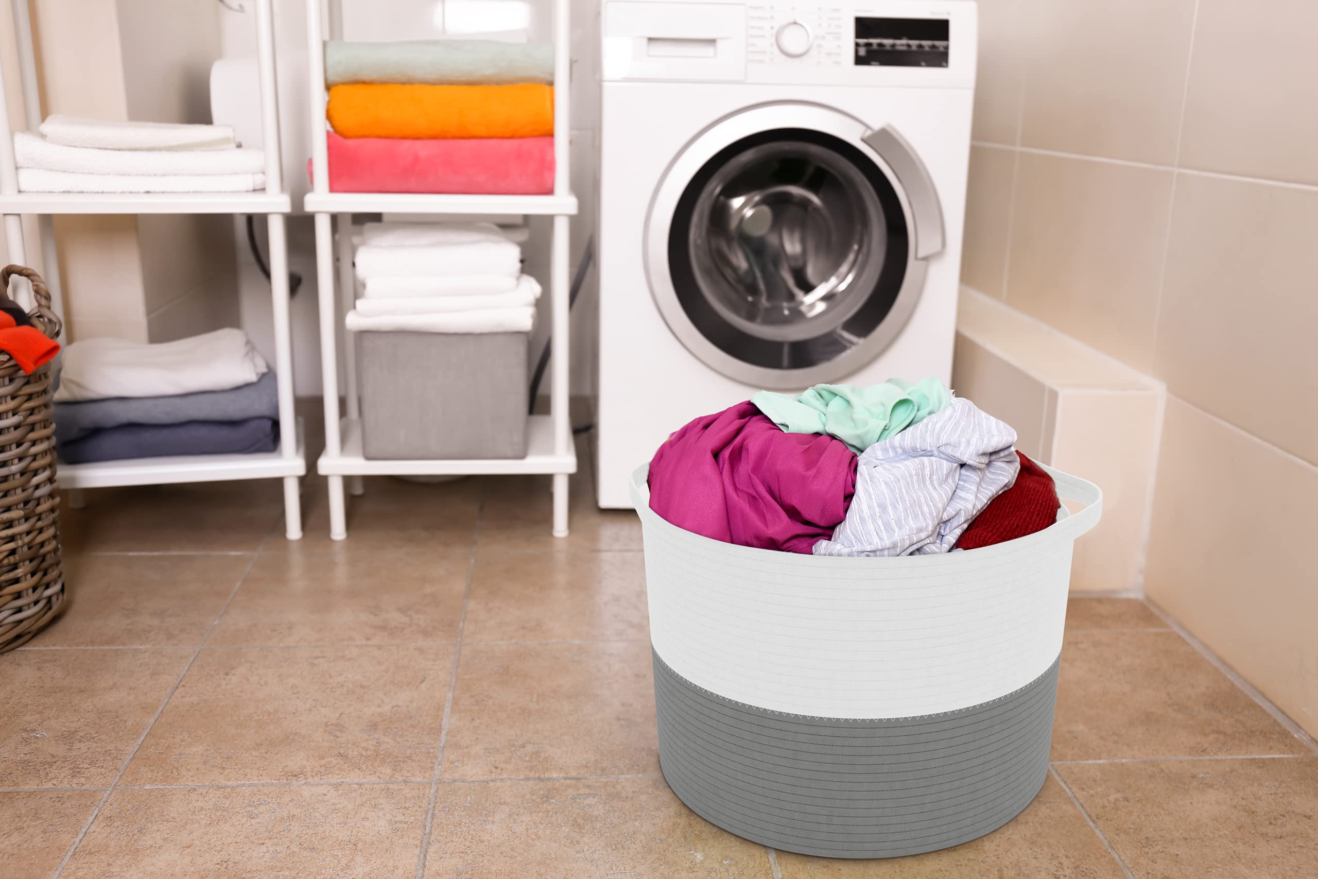 Round Cotton Laundry Rope Basket Natural Pure Woven Perfect for Blankets, Pil...