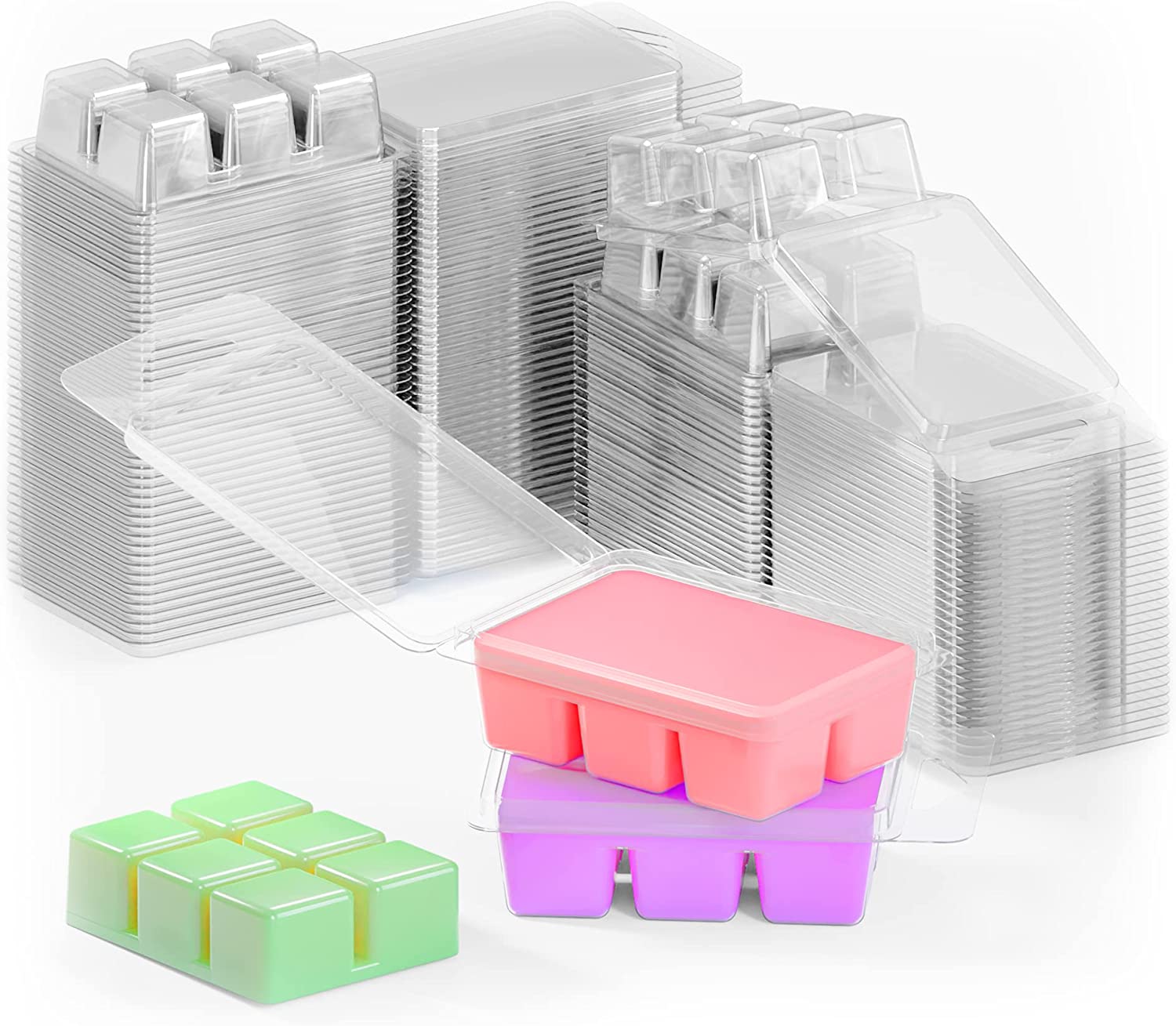 100 Pack Wax Melt Containers with 6 Cavity Clear Plastic Wax Melt Clamshell for DIY Wax Melt Candles, Shape (Square)