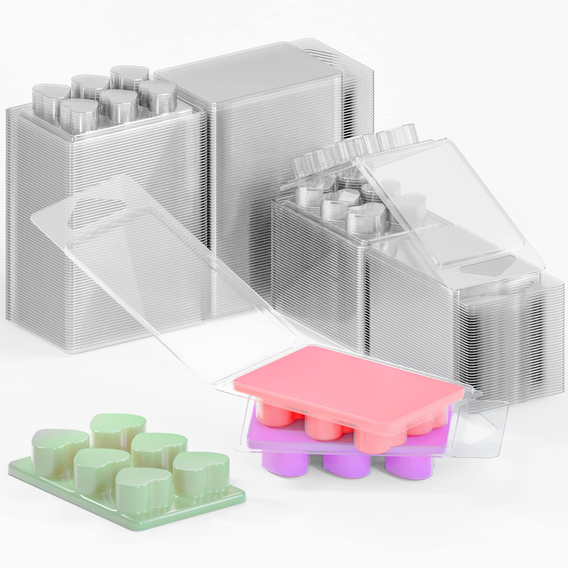 100 Pack Wax Melt Containers with 6 Cavity Clear Plastic Wax Melt Clamshell for DIY Wax Melt Candles, Shape (Heart)