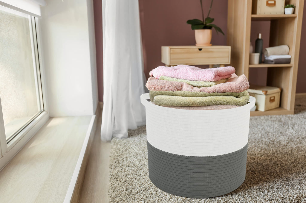 Round Cotton Laundry Rope Basket Natural Pure Woven Perfect for Blankets, Pil...