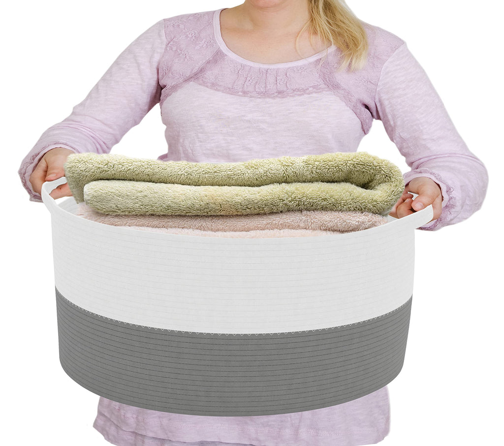Round Cotton Laundry Rope Basket Natural Pure Woven Perfect for Blankets, Pil...