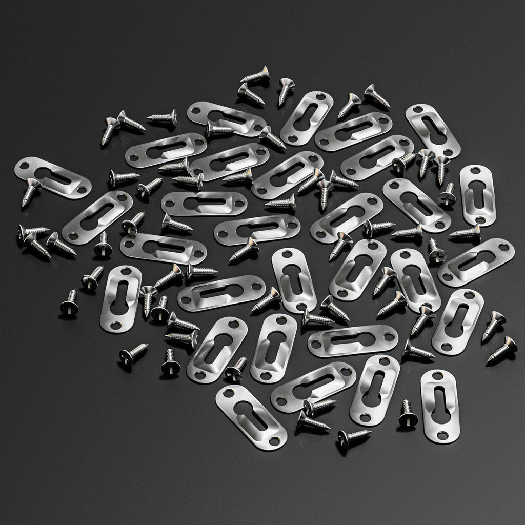 30 Pieces Single Keyhole Hangers Metal Hanging Brackets for Mirror Picture Frames with 60 Pieces Metal Screws (Silver, 43 x 16 mm)